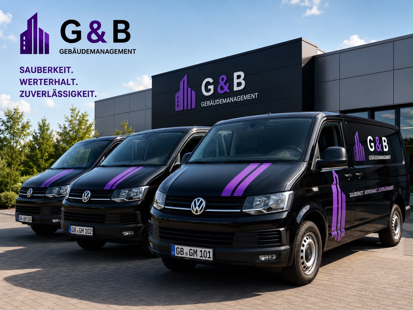 Gebrandete G&B Servicefahrzeuge vor einem modernen Gewerbeobjekt